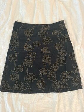 Black Corduroy A-Line Skirt with Gold Swirl Embroidery